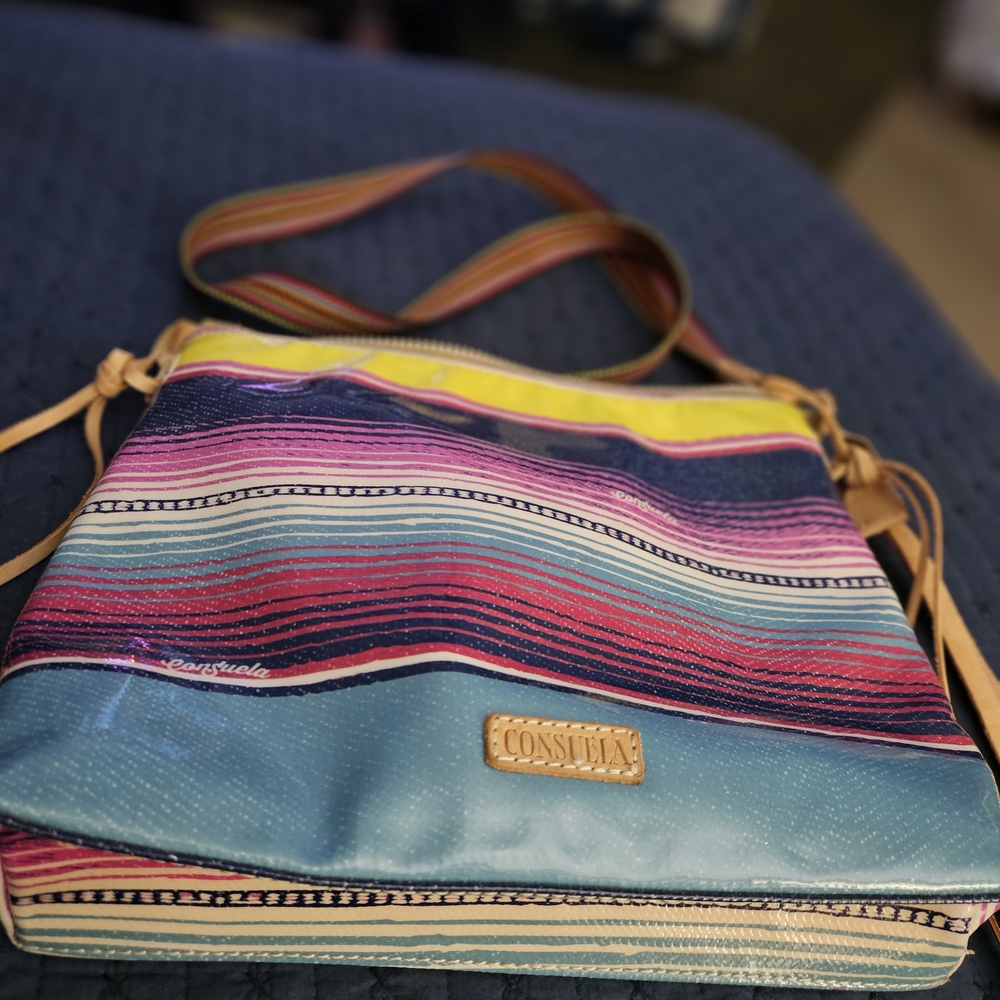 Consuela Striped Crossbody Bag in Blue, Pink, and Yellow